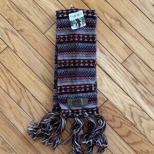 NWT Muk Luks Winter Faux Leather Buckle Plaid Blue Red Knit Long Fringe Scarf